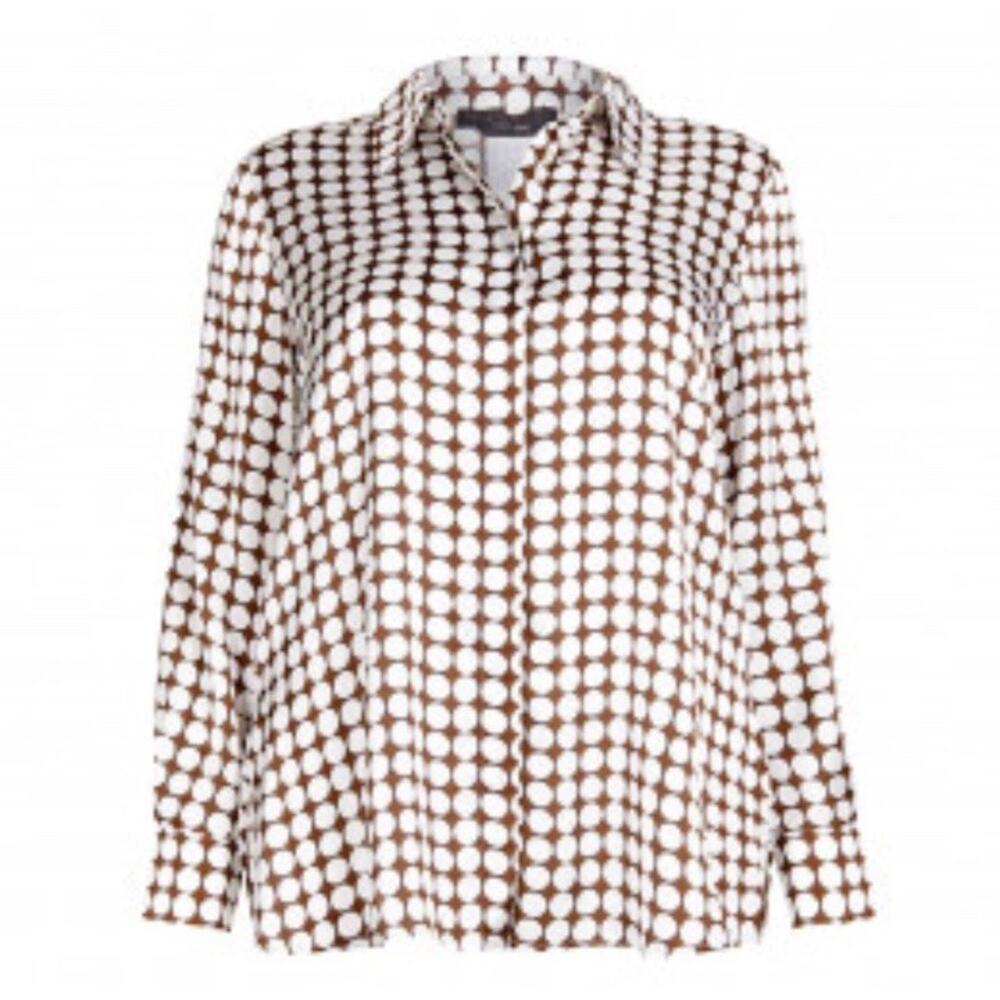 MARINA RINALDI Polka Dot Georgette Blouse Women's Size US 14 Brown White Button